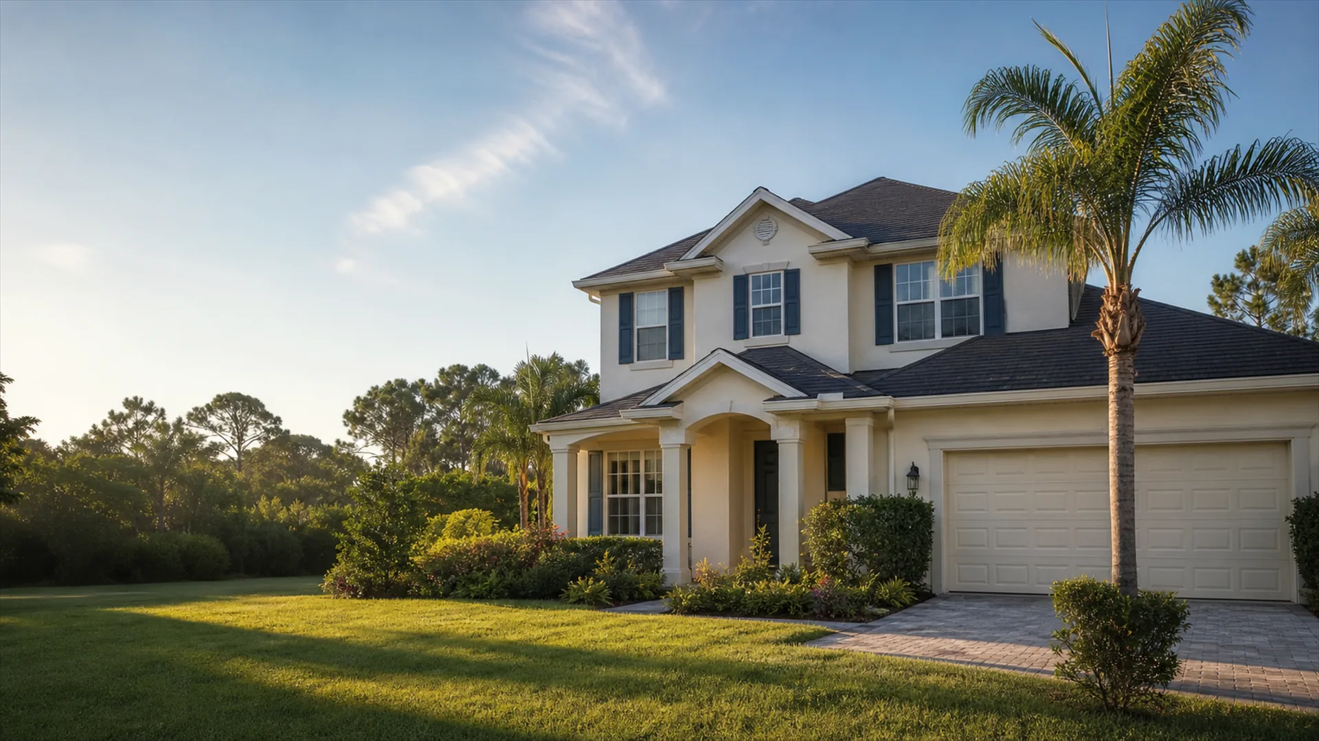 Two-story home with a two-car garage and a palm tree in the front yard