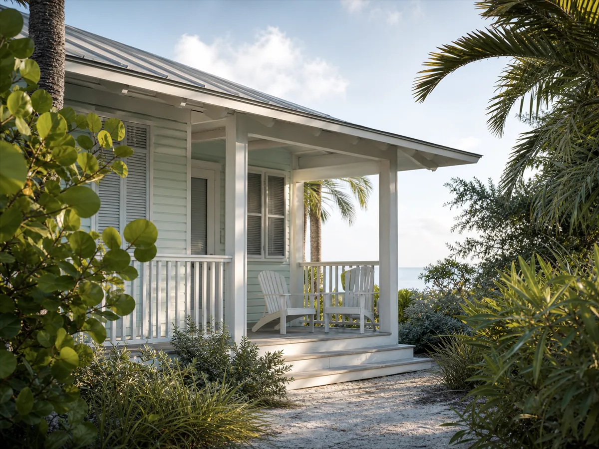 Porch of a Florida coastal cottage in morning light