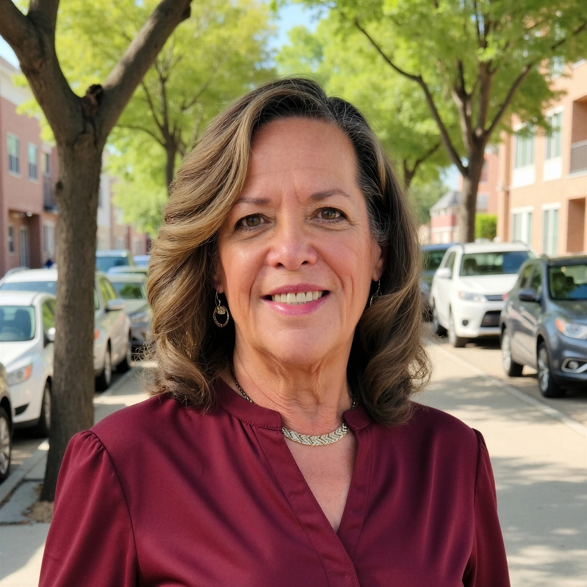 MaryAnn Sigurdson, mortgage broker, smiling on a tree-lined street